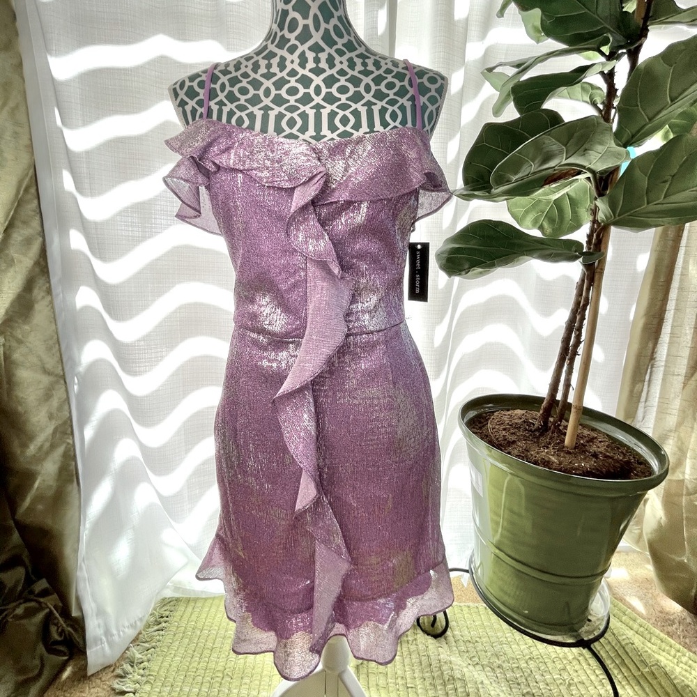 Sweet Storm Purple Metallic Ruffle Mini Dress